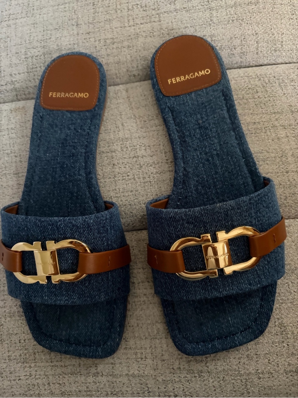 Ferragamo Denim Slide Sandals with Gold Hardware